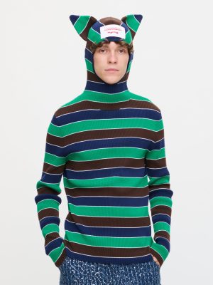 RIBBED EARS BALACLAVA JUMPER in GREEN NAVY STRIPE
